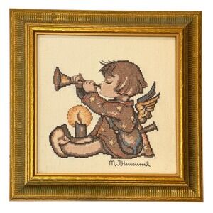 Vintage MJ Hummel Cross Stitch Framed Angel Trumpet Gold Frame 11x11